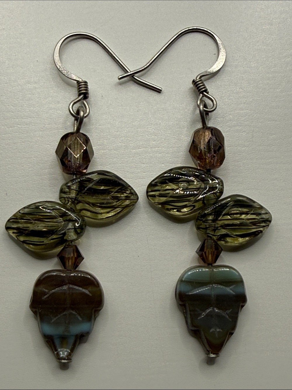 Olive Green Brown etched Glass Dangle drop leaf cottage core bohemian earrings